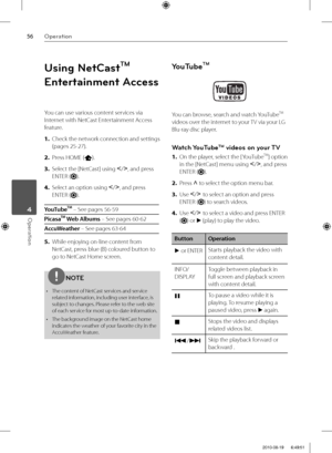 Page 5656Operation
Operation 4
Using NetCastTM 
Entertainment Access
You can use various content services via 
Internet with NetCast Entertainment Access 
feature.
1. Check the network connection and settings 
(pages 
25-27).
2. Press HOME (
).
3. Select the [NetCast] using I
/i
, and press 
ENTER (
).
4. Select an option using I
/i
, and press 
ENTER (
).
YouTubeTM – See pages 56-59
PicasaTM Web Albums – See pages 60-62
AccuWeather – See pages 63-64
5. While enjoying on-line content from 
NetCast, press blue...