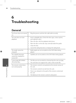 Page 6666Troubleshooting
Troubleshooting 6
6
Troubleshooting
General
The Power does not turned 
on.•  Plug the power cord into the wall outlet securely.
The unit does not start 
playback.•  Insert a playable disc. (Check the disc type, colour system, 
and regional code.)
•  Place the disc with the playback side down.
•  Place the disc on the disc tray correctly inside the guide.
•  Clean the disc.
•  Cancel the rating function or change the rating level.
The angle cannot be 
changed.•  Multi-angles are not...