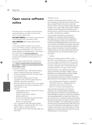 Page 8080Appendix
Appendix
 7
Open source software 
notice
The following GPL executables and LGPL libraries 
used in this product are subject to the GPL2.0/
LGPL2.1 License Agreements:
GPL EXECUTABLES: Linux kernel, busybox, linux IR 
control package, ntfs-3g, squashfs, u-boot
LGPL LIBRARIES: glibc, libmtp, libusb, libusb-
compat
LG Electronics off ers to provide source code to 
you on CD-ROM for a charge covering the cost of 
performing such distribution, such as the cost of 
media, shipping and handling upon...