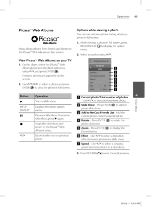 Page 6969Operation
 4Operation
PicasaTM Web Albums
Enjoy photo albums from friends and family on 
the PicasaTM Web Albums on-line service.
View PicasaTM Web Albums on your TV
1. On the player, select the [PicasaTM Web 
Albums] option in the [NetCast] menu 
using I
/i
, and press ENTER (
).
Featured photos are appeared on the 
screen.
2. Use U
/u
/I
/i
 to select a photo and press 
ENTER (
) to view the photo in full screen.
Button Operation
BStarts a slide show.
INFO/
DISPLAYDisplays the photo option 
menu....