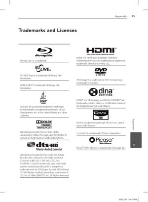 Page 8585Appendix
 7
Appendix
“Blu-ray Disc” is a trademark.
“BD-LIVE” logo is a trademark of Blu-ray Disc 
Association.
“BONUSVIEW” is trademark of Blu-ray Disc 
Association.
Java and all Java-based trademarks and logos 
are trademarks or registered trademarks of Sun 
Microsystems, Inc. in the United States and other 
countries.
Manufactured under license from Dolby 
Laboratories. Dolby, Pro Logic, and the double-D 
symbol are trademarks of Dolby Laboratories.
Manufactured under license under U.S. Patent 
#’s:...