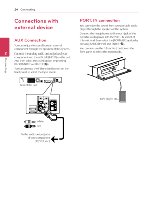 Page 24Connecting
24
Connecting2
Connections with 
external device
AUX Connection
You can enjoy the sound from an external 
component through the speakers of this system.
Connect the analog audio output jacks of your 
component into the AUX L/R (INPUT ) on this unit. 
And then select the [AUX] option by pressing 
RADIO&INPUT and ENTER (
b).
You can also use the F (Function) button on the 
front panel to select the input mode.
To the audio output jacks  of your component  ( TV, VCR, etc.)
Rear of the unit
White...