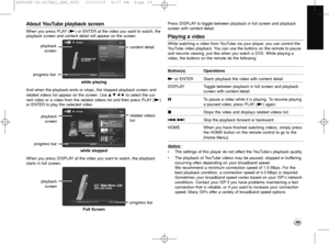 Page 3939
About YouTube playback screen
When you press PLAY (N) or ENTER at the video you want to watch, the
playback screen and content detail will appear on the screen.
while playing
And when the playback ends or stops, the stopped playback screen and
related videos list appear on the screen. Use v V b B to select the cur-
rent video or a video from the related videos list and then press PLAY (N)
or ENTER to play the selected video.
while stopped
When you press DISPLAY at the video you want to watch, the...