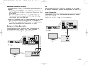 Page 1515
Additional Information for HDMI
•When you connect a HDMI or DVI compatible device make sure of the
following:
-Try switching off the HDMI/DVI device and this player. Next, switch on
the HDMI/DVI device and leave it for around 30 seconds, then switch
on this player.
-The connected device’s video input is set correctly for this unit.
-The connected device is compatible with 720x480p, 1280x720p,
1920x1080i or 1920x1080p video input.
•Not all HDCP-compatible HDMI or DVI devices will work with this...