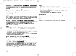 Page 3030
Selecting a subtitle language 
During playback, press SUBTITLE repeatedly to select a desired subtitle
language.
OR
During playback, press DISPLAY to display the playback menu. 
Use v V to select the [Subtitle] option then use bB to select desired 
subtitle language.
Note: 
Some discs allow you to change subtitle selections only via the disc menu.
If this is the case, press TITLE/POPUP or DISC MENU button and choose
the appropriate subtitle from the selections on the disc menu.
Hearing a different...