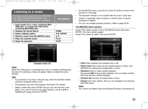 Page 3535
Example) Audio CD
Note:
When the USB device is connected and a disc is inserted simultaneously,
the menu for selecting a media will appear. Select a media then press
ENTER.
Tips:
•To go directly to any track or file and play, enter the track/file number
using the numbered buttons (0-9).
•The playback may start automatically if the Audio CD inserted.
•Select a folder then press ENTER and you can view the files in the
folder. If you want to move to the upper directory, use bor v/Vto 
highlight 
[UP...