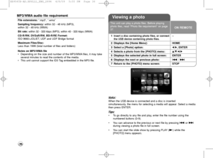 Page 3636
MP3/WMA audio file requirement 
File extensions: “.mp3”, “.wma”
Sampling frequency: within 32 - 48 kHz (MP3), 
within 32 - 48 kHz (WMA)
Bit rate: within 32 - 320 kbps (MP3), within 40 - 320 kbps (WMA)
CD-R/RW, DVD±R/RW, BD-R/RE Format: 
ISO 9660+JOLIET, UDF and UDF Bridge format
Maximum Files/Disc: 
Less than 1999 (total number of files and folders)
Notes on MP3/WMA file
•Depending on the size and number of the MP3/WMA files, it may take
several minutes to read the contents of the media.
•This unit...