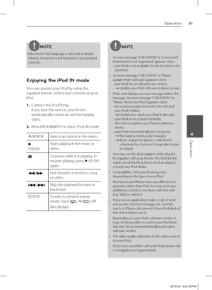 Page 6161Operation
 4Operation
NOTE
If the iPod’s OSD language is selected to simple 
chinese, the power scroll function is not operated 
correctly.
Enjoying the iPod IN mode
You can operate your iPod by using the 
supplied remote control and controls on your 
iPod.
1. Connect the iPod fi rmly.
If you turn this unit on, your iPod is 
automatically turned on and recharging 
starts.
2. Press RADIO&INPUT to select iPod IN mode. 
U
/u
/I
/iSelects an option in the menu.
B
/ENTERStarts playback the music or 
video....