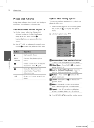 Page 7272Operation
Operation 4
Picasa Web Albums
Enjoy photo albums from friends and family on 
the Picasa Web Albums on-line service.
View Picasa Web Albums on your TV
1. On the player, select the [Picasa Web 
Albums] option in the [NetCast] menu 
using I
/i
, and press ENTER (
).
Featured photos are appeared on the 
screen.
2. Use U
/u
/I
/i
 to select a photo and press 
ENTER (
) to view the photo in full screen.
Button Operation
BStarts a slide show.
INFO/
DISPLAYDisplays the photo option 
menu.
XPauses a...
