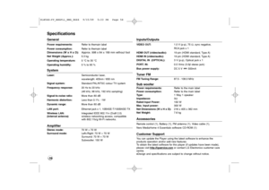 Page 5858SpecificationsGeneralPower requirements: Refer to themain label 
Power consumption:Refer to themain label Dimensions (W x H x D):Approx. 998 x 84 x 189 mm without footNet Weight (Approx.):5.3 kg
Operating temperature:5 °C to 35 °C
Operating humidity:5 % to 90 %System Laser:Semiconductor laser, 
wavelength: 405nm / 650 nm
Signal system:Standard PAL/NTSC colour TV system
Frequency response: 20 Hz to 20 kHz 
(48 kHz, 96 kHz, 192 kHz sampling) 
Signal-to-noise ratio: More than 80 dB 
Harmonic...