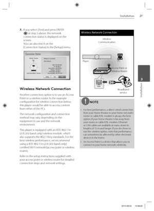 Page 2727Installation
Installation
 3
7. If you select [ Test] and press ENTER 
(
) at step 5 above, the network 
connection status is displayed on the 
screen.
You can also test it on the 
[Connection Status] in the [Setup] menu.
Wireless Network Connection
Another connection option is to use an Access 
Point or a wireless router. In the example 
confi guration for wireless connection below, 
this player would be able to access content 
from either of the PCs.
The network confi guration and connection 
method...