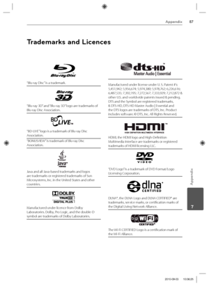 Page 8787Appendix
Appendix
 7
“Blu-ray Disc” is a trademark.
“Blu-ray 3D” and “Blu-ray 3D” logo are trademarks of 
Blu-ray Disc Association.
“BD-LIVE” logo is a trademark of Blu-ray Disc 
Association.
“BONUSVIEW” is trademark of Blu-ray Disc 
Association.
Java and all Java-based trademarks and logos 
are trademarks or registered trademarks of Sun 
Microsystems, Inc. in the United States and other 
countries.
Manufactured under licence from Dolby 
Laboratories. Dolby, Pro Logic, and the double-D 
symbol are...