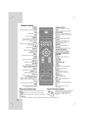 Page 66
Remote Control
Remote Control Operation Range
Point the remote control at the remote sensor and press the
buttons.
 
Distance:About 23 ft (7 m) from the front of the remote
sensor
 
Angle:About 30° in each direction in front of the remote sensor
Remote control battery installation
Remove the battery cover on the rear of the
remote control, and insert two R06 (size
AA) batteries with  and  aligned
correctly.
CautionDo not mix old and new batteries. Never mix different types of batteries (standard,...