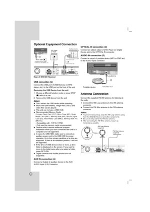 Page 88
Optional Equipment Connection
USB connection (U)
Connect the USB port of USB Memory (or MP3
player, etc.) to the USB port on the front of the unit.
Removing the USB Device from the unit
1. Choose a different function mode or press STOP
(x) twice in a row.
2. Remove the USB device from the unit.
Notes:
 Don’t extract the USB device while operating.
Music files (MP3/WMA), image files (JPEG) and
video files can be played.
 This unit can not use a USB HUB.
Recommended Memory Cards.Compact Flash...