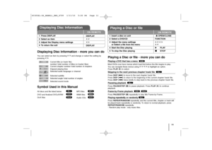 Page 1111
Displaying Disc Information - more you can doYou can select an item by pressing 
U
U 
 u
u
and change or select the setting by
pressing 
I I 
 i
i
.
Current title (or track/ file) 
number/ total number of titles (or tracks/ files)
Current chapter number/ total number of chapters
Elapsed playing time
Selected audio language or channel
Selected subtitle
Selected angle/ total number of angles
Selected sound mode
Symbol Used in this ManualAll discs and file listed below  MP3 files 
DVD and finalized...