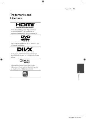 Page 35Appe\fdix35
Appendix6
T\badema\bks a\fd 
Lice\fses
\fDMI,	the	\fDMI	logo	and	\figh-Definition	Multimedia	Interface	are	trademarks	or	registered	trademarks	of	\fDMI	licensing	\b\bC.
“DVD	\bogo”	is	a	trademark	of	DVD	Format/\bogo	\bicensing	Corporation.
DivX®,	DivX	Certified®	and	associaated	logos	are		trademark	of	DivX,	Inc.,	and	are	used	under	license.
Manufactured	under	license	from	Dolby	\baboratories.	Dolby	and	the	double-D	symbol	are	trademarks	of	Dolby	\baboratories.
HT306PD-A2_DEGYLLK_ENG_5743.indd...