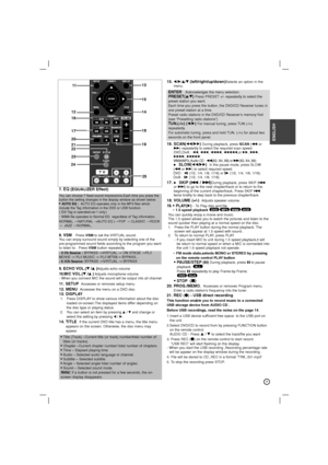 Page 77
ENGLISH
7.EQ (EQUALIZER Effect)
8.VSM   Press VSMto set the VIRTUAL sound.
You can enjoy surround sound simply by selecting one of the
pre-programmed sound fields according to the program you want
to listen to . Press VSM button repeatedly. 
9.ECHO VOL.(V/v )Adjusts echo volume10.MIC VOL.(V/v ) Adjusts microphone volume
- When you connect MIC the sound will be output into all channel
11. SETUPAccesses or removes setup menu 12. MENU  Accesses the menu on a DVD disc.13. DISPLAY1. Press DISPLAY to show...