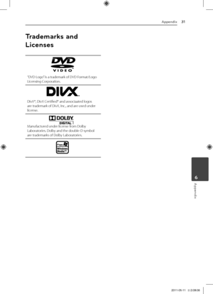 Page 31Appendix31
Appendix6
Trademarks and 
Licenses
“DVD	\bogo”	is	a	trademark	of	DVD	Format/\bogo	\bicensing	Corporation.
DivX®,	DivX	Certified®	and	associaated	logos	are	trademark	of	DivX,	Inc.,	and	are	used	under	license.
Manufactured	under	license	from	Dolby	\baboratories.	Dolby	and	the	double-D	symbol	are	trademarks	of	Dolby	\baboratories.
HT356SD-D0_BGBRLL_ENG_5719.indd   312011-05-11   �� 2:09:08 