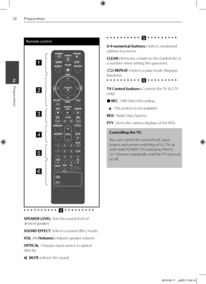 Page 12
1Preparation
Preparation	2

Remote control
a
b
c
d
e
f
•		•		•		•		•		•		•		•		•		•		d	•	 •	 •	 •	 •	 •	 •	 •	 •	
SPEAKER LEVEL: Sets the sound level of 
desired speaker.
SOUND EFFECT: Selects a sound effect mode.
VOL -/+ (Volume) : Adjusts speaker volume.
OPTICAL: Changes input source to optical 
directly.
  MUTE : Mutes the sound.•		•		•		•		•		•		•		•		•		•		
e	•	 •	 •	 •	 •	 •	 •	 •	 •	
0-9 numerical buttons : Selects numbered 
options in a menu.
CLEAR : Removes a mark on the marked list or 
a...