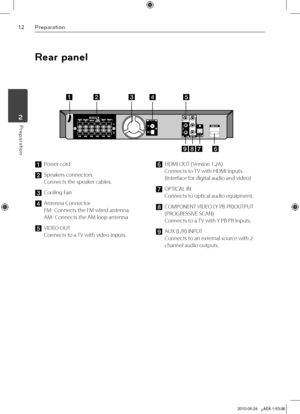 Page 12
1Preparation
Preparation	2
Rear panel
a Power cord
b	Speakers connectors 
Connects the speaker cables.
c	Cooling Fan
d	Antenna Connector 
FM- Connects the FM wired antenna 
AM- Connects the AM loop antenna
e	VIDEO OUT 
Connects to a TV with video inputs. 
f	HDMI OUT ( Version 1.2A) 
Connects to TV with HDMI inputs. 
(Interface for digital audio and video) 
g	OPTICAL IN 
Connects to optical audio equipment.
h	COMPONENT VIDEO (Y PB PR)OUTPUT 
(PROGRESSIVE SCAN) 
Connects to a TV with Y PB PR inputs....