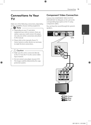 Page 15Connecting15
Connecting2
Connections to Your 
TV
Make	one	of	the	following	connections,	depending	on	the	capabilities	of	your	existing	equipment.
	
y Depending	on	your	
TV	and	other	
equipment	you	wish	to	connect,	there	are	
various	ways	you	could	connect	the	player.	
Use	only	one	of	the	connections	described	
in	this	manual.
	
y Please	refer	to	the	manuals	of	your	
TV,	
Stereo 	System 	or 	other 	devices 	as 	necessary	
to	make	the	best	connections.,
,Note
	
y Make	sure	the	unit	is	connected	directly...
