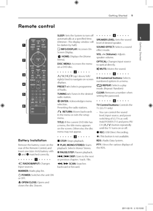 Page 9Getting Started9
\betting \ftarted1
Battery Insta\b\bation
Remove	the	battery	cover	on	the	rear	of	the	Remote	Control,	and	insert	one	(size	AAA)	battery	with	4	and	5	matched	correctly.
•  •  •  •  •  •  \la •  •  •  •  • 
P	RADIO&INPUT:	Changes	input	sources.
MARKER:	Marks	play	list.
1 POWER: Switches	the	unit	ON	or	OFF.
B OPEN/CLOSE:	Opens	and	closes	the	disc	Drawer.
SLEEP:	Sets	the	System	to	turn	off	automatically	at	a	specified	time.	(Dimmer	:	The	display	window	will	be	darken	by	half.)
m...