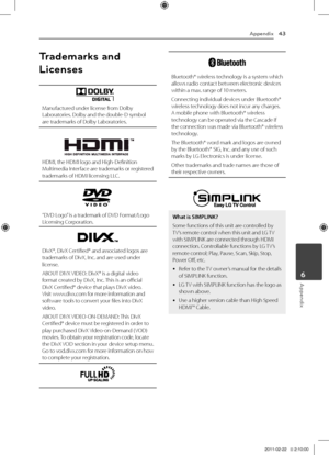 Page 43Appe\fdix43
Appendix6
T\badema\bks a\fd 
Lice\fses
Manufactured	under	license	from	Dolby	\baboratories.	Dolby	and	the	double-D	symbol	are	trademarks	of	Dolby	\baboratories.
\fDMI,	the	\fDMI	logo	and	\figh-Definition	Multimedia	Interface 	are 	trademarks 	or 	registered	trademarks	of	\fDMI	licensing	\b\bC.
“DVD	\bogo” 	is	a	trademark	of	DVD	Format/\bogo	\bicensing	Corporation.
DivX®,	DivX	Certified®	and	associated	logos	are	trademarks	of	DivX,	Inc.	and	are	used	under	license.
ABOUT	DIVX	 VIDEO:	DivX®	is	a...