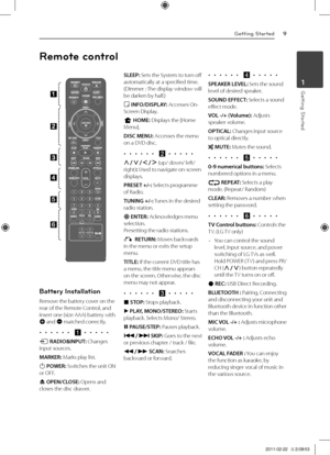 Page 9Getti\fg Sta\bted9
\betting \ftarted1
Batte\by I\fstallatio\f
Remove	the	battery	cover	on	the	rear	of	the	Remote	Control,	and	insert	one	(size	AAA)	battery	with	4	and	5	matched	correctly.
•  •  •  •  •  •  \la •  •  •  •  • 
P	RADIO&INPUT:	Changes	input	sources.
MARKER:	Marks	play	list.
1 POWER: Switches	the	unit	ON	or	OFF.
B OPEN/CLOSE:	Opens	and	closes	the	disc	drawer.
SLEEP:	Sets	the	System	to	turn	off	automatically	at	a	specified	time.	(Dimmer	:	The	display	window	will	be	darken	by	half.)
m...