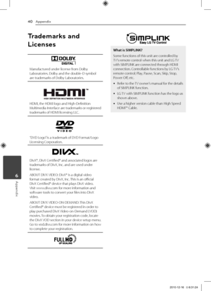 Page 40Appe\fdix40
\fpp\bndix6
T\badema\bks a\fd 
Lice\fses
Manufactured	under	license	from	Dolby	\baboratories.	Dolby	and	the	double-D	symbol	are	trademarks	of	Dolby	\baboratories.
\fDMI,	the	\fDMI	logo	and	\figh-Definition	Multimedia	Interface 	are 	trademarks 	or 	registered	trademarks	of	\fDMI	licensing	\b\bC.
“DVD	\bogo” 	is	a	trademark	of	DVD	Format/\bogo	\bicensing	Corporation.
DivX®,	DivX	Certified®	and	associated	logos	are	trademarks	of	DivX,	Inc.	and	are	used	under	license.
ABOUT	DIVX	 VIDEO:	DivX®	is...