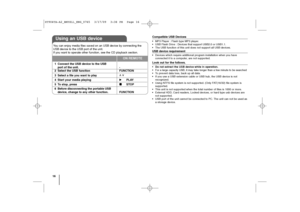 Page 1616
Compatible USB Devices•MP3 Player : Flash type MP3 player.
•USB Flash Drive : Devices that support USB2.0 or USB1.1. 
•The USB function of this unit does not support all USB devices.USB device requirement•Devices which require additional program installation when you have
connected it to a computer, are not supported.Look out for the follows.•Do not extract the USB device while in operation.
•For a large capacity USB, it may take longer than a few minute to be searched
•To prevent data loss, back up...