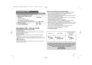 Page 1717
Recording to USB - more you can doRecording Music file in disc source to USBOne track recording 
If the USB recording is played during playback of the CD, the one track/ file
would be recording into the USB.
All tracks recording 
If the recording button is pressed at the CD stop, all tracks/ files would be
recording.
- The files in the sub-folders are not recorded during all track recording.
- If you want to all tracks recording during playback, press stop twice. check the
“x x
” on the screen....