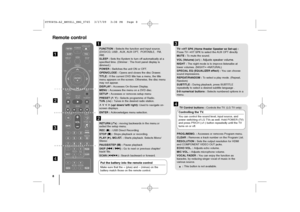 Page 88Remote controlabcd
FUNCTION : Selects the function and input source.
(DVD/CD, USB , AUX, AUX OPT,  PORTABLE,  FM,
AM)
SLEEP : Sets the System to turn off automatically at a
specified time. (Dimmer : The front panel display is
dimmed.)
POWER : Switches the unit ON or OFF.
OPEN/CLOSE :Opens and closes the disc Drawer.
TITLE : If the current DVD title has a menu, the title
menu appears on the screen. Otherwise, the disc menu
may not appear.
DISPLAY : Accesses On-Screen Display.
MENU : Accesses the menu on...