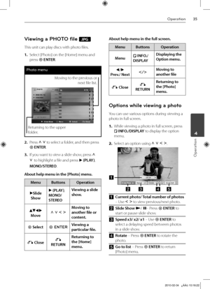 Page 35
Operation
Operation
	4

Viewing a PHOTO file JPG
This unit can play discs with photo files.
1. Select [Photo] on the [Home] menu and 
press  ENTER.
Photo menu
Moving to the previous or 
next file list.
Returning to the upper 
folder. 
2.  Press U u to select a folder, and then press 
 ENTER. 
3.  If you want to view a slide show, press U 
u to highlight a file and press B (PLAY), 
MONO/STEREO. 
About help menu in the [Photo] menu.
MenuButtonsOperation
BSlide 
Show
B (PLAY), 
MONO/
STEREO...