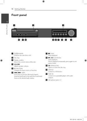 Page 10Getting Started10
\betting \ftarted1
Front pane\b
	 a	b			 c
	 l	 k	j	 i	h	g	 f	 e	 d
a	1/! (POWER)Switches	the	unit	ON	or	OFF.
b	 Disc	Tray
c	 Display	windowShows	the	current	status	of	the	unit.
d	VOLUMEAdjusts	speaker	volume.	
e	F	(FUNCTION)Changes	the	input	source	or	function.
f	C/V,(SKIP)Go	to	next	or	previous	file/track/chapter.	Searches	backward	or	forward	(Press	and	hold)	Tunes	in	the	desired	radio	station.
g \b (STOP)Stops	playback.
h z/M (P\bAY/PAUSE)Starts	playback.	Pauses 	playback...