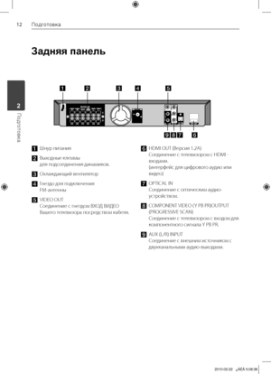 Page 12
1Подготовка
Подготовка	2
Задняя панель 
a Шнур	питания
b	Выходные	клеммы		
для	подсоединения	динамиков.
c 	 Охлаждающий	вентилятор
d	 Гнездо	для	подключения		
FM-антенны
e	 VIDEO	OUT	
Соединение	с	гнездом	ВХОД	ВИДЕО	
Вашего	телевизора	посредством	кабеля.
f 	 HDMI	OUT	(Версия	1.2A)	
Соединение	с	телевизором	с	HDMI	-	
входами.	
(интерфейс	для	цифрового	аудио	или	
видео)
g 	 OPTICAL	IN	
Соединение	с	оптическим	аудио-
устройством.
h 	 COMPONENT	
VIDEO	(Y	PB	PR)OUTPUT	
(PROGRESSIVE	SCAN)	
Соединение	с...