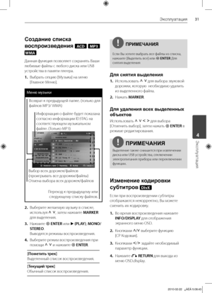 Page 31
1Эксплуатация
Эксплуатация	4

Создание списка 
воспроизведения ACD MP3 
WMA
Данная	функция	позволяет	сохранять	Ваши	
любимые	файлы	с	любого	диска	или	USB	
устройства	в	памяти	плеера.
1.	 Выбрать	опцию	[Музыка]	на	меню	
[Главное	Меню].
Меню музыки
Возврат	к	предыдущей	папке.	(только	для	
файлов	MP3/	 WMA)
Переход	к	предыдущему	или	 следующему	списку	файлов.
Выбор	всех	дорожек/файлов	
(проигрывать	все	дорожки/файлы)
Отмена	выбора	всех	дорожек/файлов	
Информация	о	файле	будет	показана	
согласно...