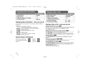 Page 1212Displaying Disc Information - more you can doYou can select an item by pressing 
U U 
 u
u
and change or select the setting by
pressing 
I I 
 i
i
.
Current title (or track/ file) 
number/ total number of titles (or tracks/ files)
Current chapter number/ total number of chapters
Elapsed playing time
Selected audio language or channel
Selected subtitle
Selected angle/ total number of angles
Selected sound mode
Symbol Used in this ManualAll discs and file listed below  MP3 files 
DVD and finalized...