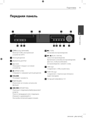 Page 11
11Подготовка
Подготовка2

Передняя панель
a	1/\	(Кнопка	ПИТАНИЯ)	
Включает	(ON)		или	выключает	
устройство	(OFF)
b 	 Лоток	для	дисков
c	
Держатель	для	iPod
d	Дисплей	
Показывает	текущее	состояние	
устройства
e	Z	(OPEN/CLOSE)	
Открывает	и	закрывает	длток	для	дисков
f	VOLUME 
Регулирует	громкость
g	F (ФУНКЦИЯ) 
Изменение	источника	сигнала	или	
функции
h	./>	(ПРОКРУ ТКА)	
Переход	к	следующему	файлу/дорожке/
разделу.	
Поиск	в	предыдущем	или	следующем.		
(Нажмите	и	удерживайте	)
	
Настройка	желаемой...