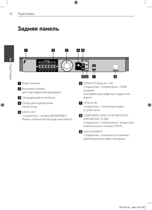 Page 12
1Подготовка
Подготовка	2
Задняя панель 
a Шнур	питания
b	Выходные	клеммы		
для	подсоединения	динамиков.
c 	 Охлаждающий	вентилятор
d	 Гнездо	для	подключения		
FM-антенны
e	 VIDEO	OUT	
Соединение	с	гнездом	ВХОД	ВИДЕО	
Вашего	телевизора	посредством	кабеля.
f 	 HDMI	OUT	(Версия	1.2A)	
Соединение	с	телевизором	с	HDMI	-	
входами.	
(интерфейс	для	цифрового	аудио	или	
видео)
g 	 OPTICAL	IN	
Соединение	с	оптическим	аудио-
устройством.
h 	 COMPONENT	
VIDEO	(Y	PB	PR)OUTPUT	
(PROGRESSIVE	SCAN)	
Соединение	с...