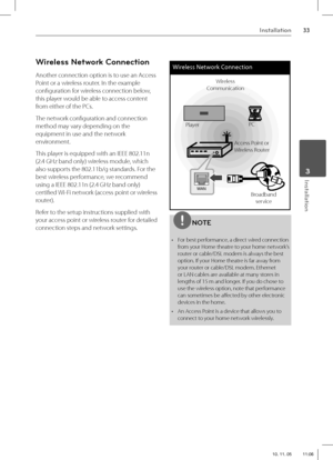 Page 3333Installation
 3Installation
Wireless Network Connection
Another connection option is to use an Access 
Point or a wireless router. In the example 
confi guration for wireless connection below, 
this player would be able to access content 
from either of the PCs.
The network confi guration and connection 
method may vary depending on the 
equipment in use and the network 
environment.
This player is equipped with an IEEE 802.11n 
(2.4 GHz band only) wireless module, which 
also supports the 802.11b/g...