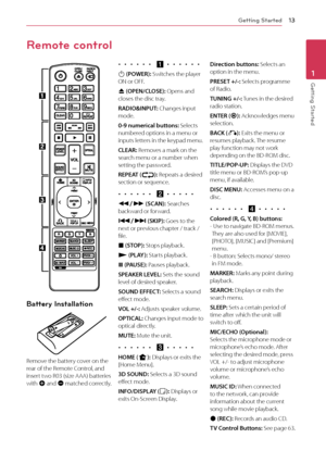 Page 13Getting Started13
Getting Started1
Battery Installation
Remove the battery cover on the rear of the Remote Control, and insert two R03 (size AAA) batteries with 4 and 5 matched correctly.
•  •  •  •  •  •  a •  •  •  •  •  •
1 (POWER): Switches the player ON or OFF.
B (OPEN/CLOSE): Opens and closes the disc tray.
RADIO&INPUT: Changes input mode.
0-9 numerical buttons: Selects numbered options in a menu or inputs letters in the keypad menu.
CLEAR: Removes a mark on the search menu or a number when setting...