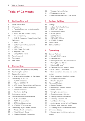 Page 6Table of Contents6
Table of Contents
1 Getting Started
3  Safety Information
8  Introduction
8  – Playable Discs and symbols used in 
this manual
9  – About the “7” Symbol Display
10  – File compatibility
11  – AVCHD (Advanced Video Codec High 
Definition)
11  – About DLNA
12  – Certain System Requirements
12  – LG Remote
12  – WOL (Wake On LAN)
12  – Regional Code
12  – Compatibility Notes
13  Remote control
14  Front panel
15  Rear panel
2  Connecting
16  Assembling the speaker (Front/Rear)
18...