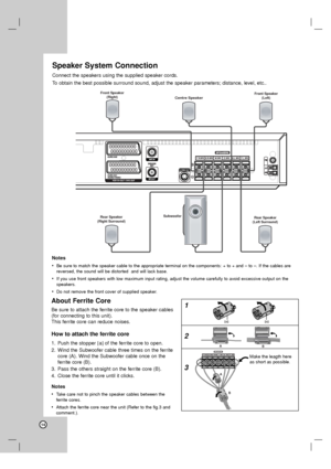 Page 1414
Notes
•
Be sure to match the speaker cable to the appropriate terminal on the components: + to + and – to –. If the cables are
reversed, the sound will be distorted  and will lack base.
•If you use front speakers with low maximum input rating, adjust the volume carefully to avoid excessive output on the
speakers.
•Do not remove the front cover of supplied speaker.
Front Speaker
(Right)Front Speaker
(Left)Centre Speaker
Rear Speaker
(Right Surround)Rear Speaker
(Left Surround)Subwoofer
Speaker System...