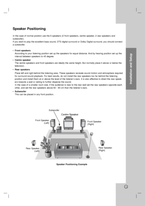 Page 15Installation and Setup
Centre Speaker
Front Speaker
(Left)
Speaker Positioning Example Rear Speaker
(Left)Rear Speaker
(Right) Front Speaker
(Right) Subwoofer
Speaker Positioning
In the case of normal position use the 6 speakers (2 front speakers, centre speaker, 2 rear speakers and 
subwoofer). 
If you want to play the excellent bass sound, DTS digital surround or Dolby Digital surround, you should connect
a subwoofer.
•Front speakers
According to your listening position set up the speakers for equal...