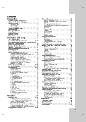 Page 3Contents
Introduction  . . . . . . . . . . . . . . . . . . .4
Symbol Used in this Manual  . . . . . . . . . . . . . . .4
About the  Symbol Display  . . . . . . . . . . . . . .4
Notes on Discs  . . . . . . . . . . . . . . . . . . . . . . . . . .4
Handling Discs  . . . . . . . . . . . . . . . . . . . . . . . .4
Storing Discs  . . . . . . . . . . . . . . . . . . . . . . . . .4
Cleaning Discs  . . . . . . . . . . . . . . . . . . . . . . . .4
Types of Playable Discs . . . . . . . . . . . . . . . . . . .5...