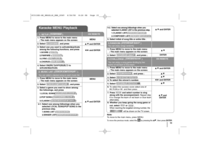 Page 1515 Note:
To move to the main menu, press MENU.
To move the previous mode, select the  by pressing the v v 
 V
V
, then press 
ENTER
. 
Karaoke MENU Playback 1. Press MENU to move to the main menu 
; The main menu appears on the screen:
2. Select  , and press
3. Select one you want to activate/deactivate
among the following functions, and press
1.SCORE (
) 
2.FANFARE (
)
3.LYRIC (
)
4.CHORUS (
)
4. Select ON(
Çäã
)/OFF(
Çõäã)
to
activate/deactivate.
MENU
v v 
 V
V 
 
and ENTER
b b 
 B
B 
 
and ENTERON...