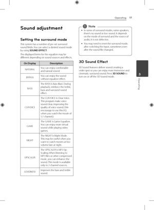 Page 17Operating17
Operating3
Sound adjustment
Setting the surround mode
This system has a number of pre-set surround 
sound fields. You can select a desired sound mode 
by using SOUND EFFECT.
The displayed items for the equalizer may be 
different depending on sound sources and effects.
On Display Description
NATURAL  You can enjoy comfortable 
and natural sound.
BYPASS You can enjoy the sound 
without equalizer effect.
BASS The BASS is Bass Blast. During 
playback, reinforce the treble, 
bass and surround...