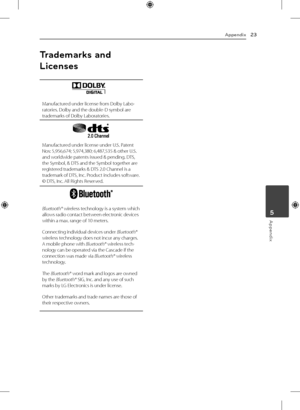 Page 23Appendix23
Appendix5
Trademarks and 
Licenses
Manufactured under license from Dolby Labo -
ratories. Dolby and the double-D symbol are 
trademarks of Dolby Laboratories.
Manufactured under license under U.S. Patent 
Nos: 5,956,674; 5,974,380; 6,487,535 & other U.S. 
and worldwide patents issued & pending. DTS, 
the Symbol, & DTS and the Symbol together are 
registered trademarks & DTS 2.0 Channel is a 
trademark of DTS, Inc. Product includes software. 
© DTS, Inc. All Rights Reserved.
Bluetooth® wireless...