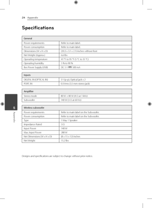 Page 24Appendix
24
Appendix5
Specifications
General
Power requirements Refer to main label.
Power consumption Refer to main label.
Dimensions ( W x H x D) (39.3 x 3.1 x 2.1) inches without foot
Net Weight (Approx.) 6.6 lbs
Operating temperature 41 °F to 95 °F (5 °C to 35 °C)
Operating humidity 5 % to 90 %
Bus Power Supply (USB) DC 5 V 
0 500 mA
Inputs
DIGITAL IN (OPTICAL IN)
3 V (p-p), Optical jack x 2
PORT. IN 0.5Vrms (3.5 mm stereo jack)
Amplifier
Stereo mode80 W + 80 W (4 Ω at 1 kHz)
Subwoofer 140 W (3 Ω at...