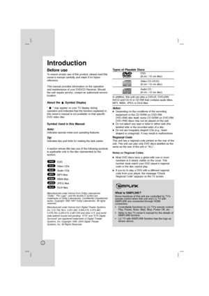 Page 44
Before use
To ensure proper use of this product, please read this
owner’s manual carefully and retain it for future
reference.
This manual provides information on the operation
and maintenance of your DVD/CD Receiver. Should
the unit require service, contact an authorized service
location.
About the  Symbol Display
“  ” may appear on your TV display during
operation and indicates that the function explained in
this owner’s manual is not available on that specific
DVD video disc.
Symbol Used in this...